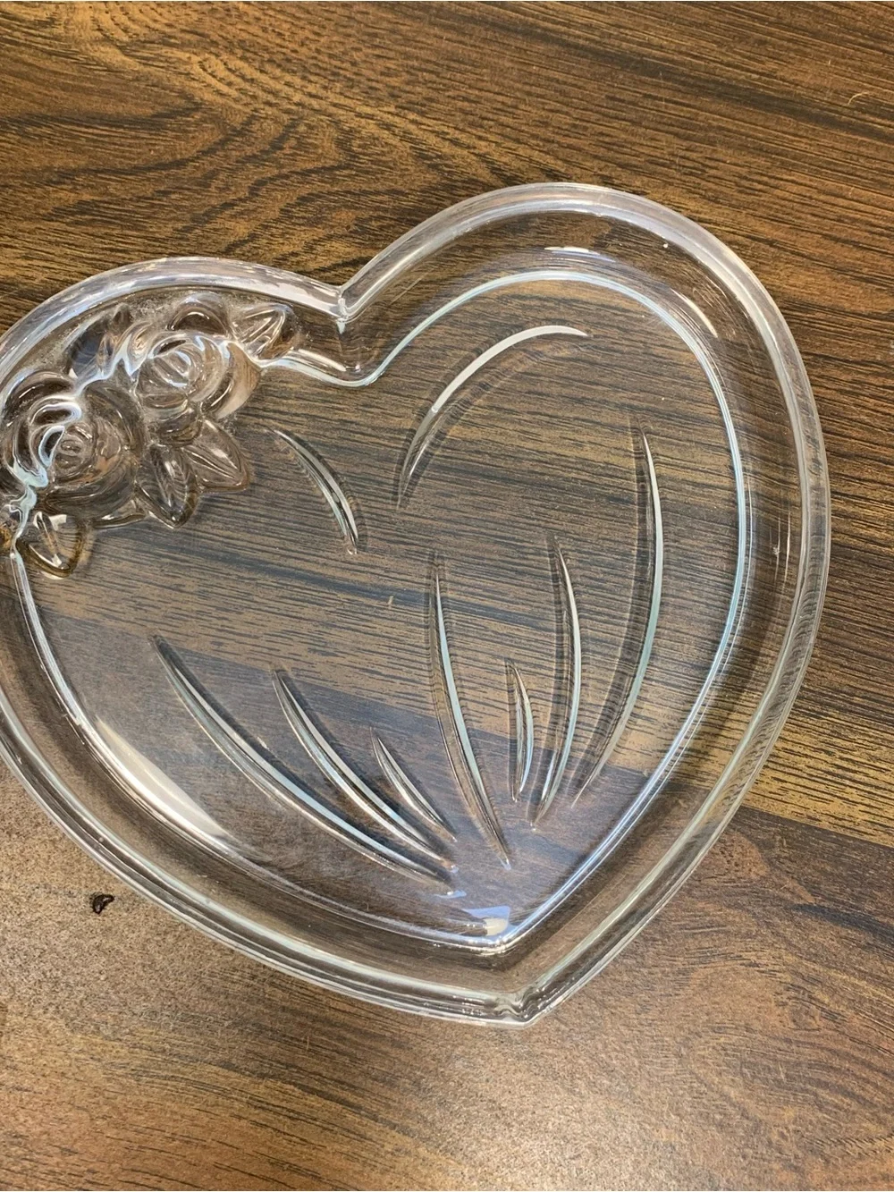 Glass Heart-Shaped Trinket Dish Ring Tray 6x6 Etched Roses Elegant Glassware